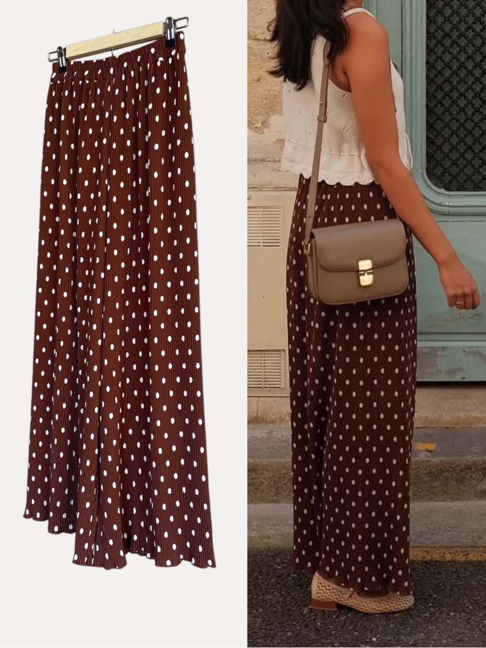 SEZANE NWT Brown & White Polka Dot Printed Pleated Wide Leg Pants Syra Trousers